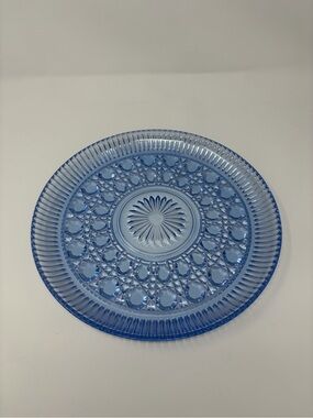 VINTAGE WINDSOR BLUE PATTERN 11" ROUND GLASS CAKE PLATTER TRAY MOONLIGHT BLUE